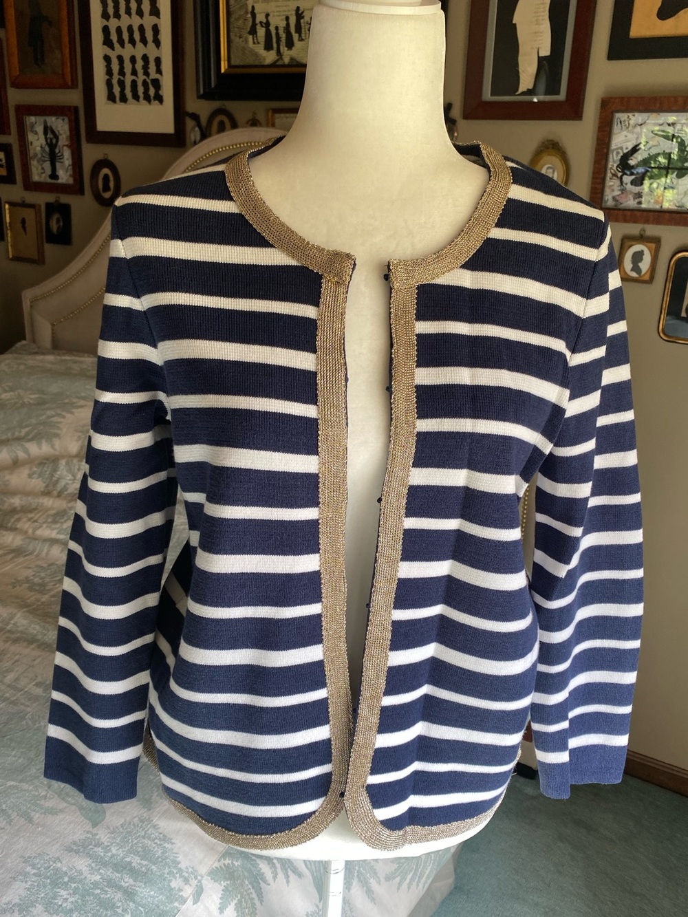 Charter Club Navy & Cream Striped Open Cardigan with Gold Trim